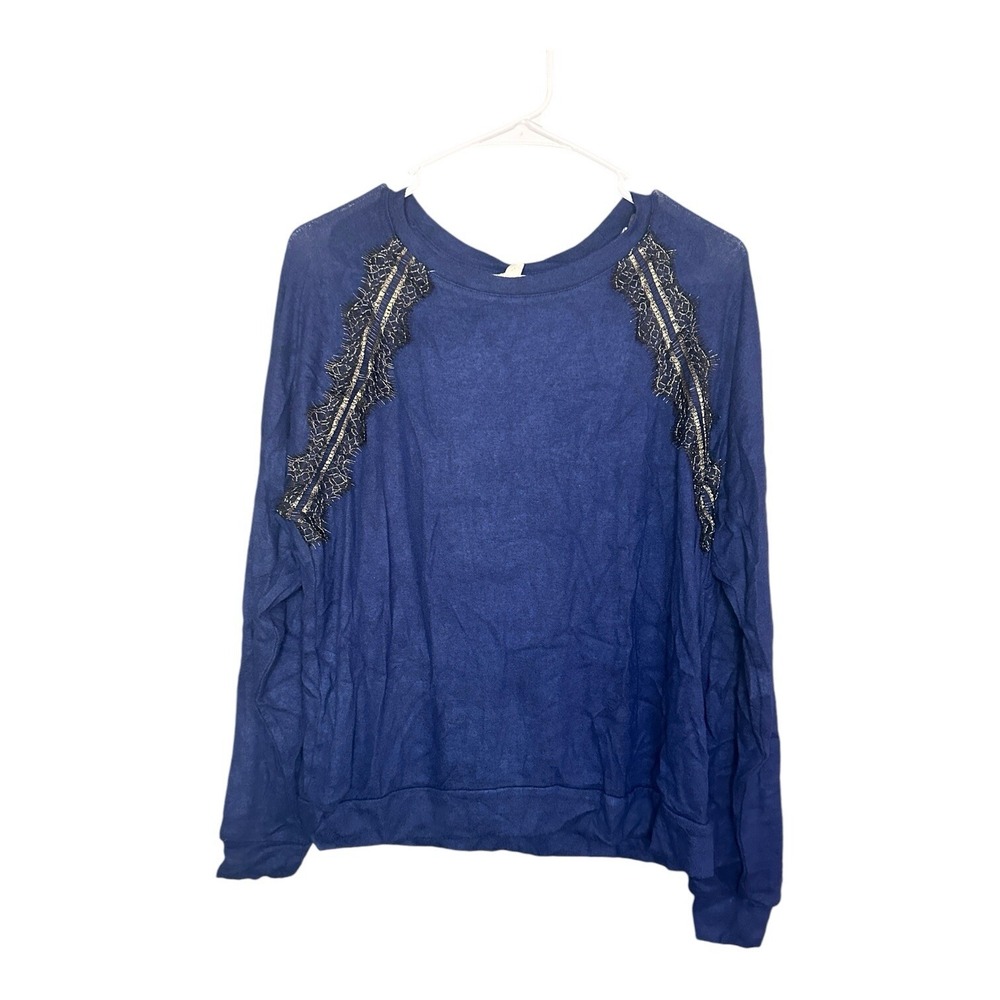 Ultra Flirt Royal Blue Sweater Lace Trim Raglan Long Sleeve Ribbed Hem Women's S